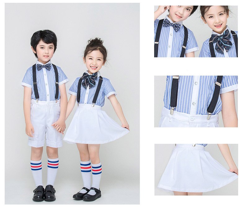4Pcs Formele Gentleman Jongens Zomer Bruiloft Outfits Witte Rok Blauwe Shirts Met Vlinderdas Meisjes Studenten School Uniform Past
