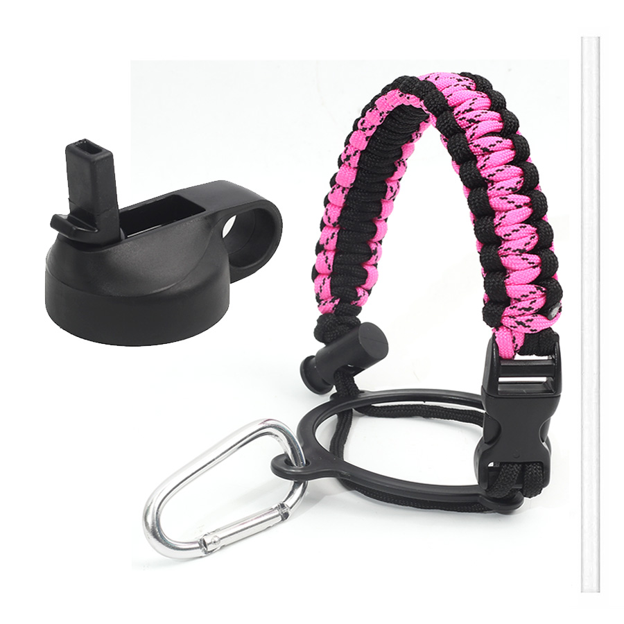Hydro Flask Thermos Wide Mouth Bottle Safety Ring and Carabiner Paracord Handle with Insulated Wide Mouth Cap + Water Cup Strap: Black Pink