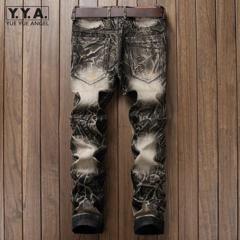 Summer Mens Retro Jeans Ripped Hole Male Slim Fit Denim Trousers Embroidery Wings Biker Jeans Pants Plus Size 42