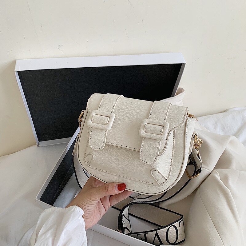 Female Wide Strap Shoulder Bag Solid Color Crossbody Bags For Women Exquisite INS Saddle Bag: white