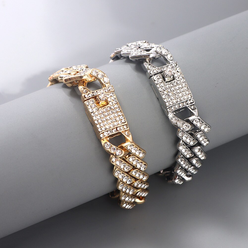 15mm Bling Strass Hip Hop Cuban Link Kette Armbänder für Frauen Männer Iced Out Volle Kristall Rapper Hand Kette luxus Schmuck