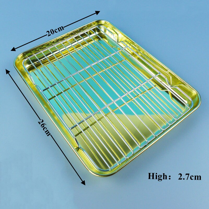 Stainless Steel Rectangle Plate with Net Rack Restaurant Fish BBQ Fried Chicken Cooling Serving Plate Skewers Seafood Tableware: Golden-26cm