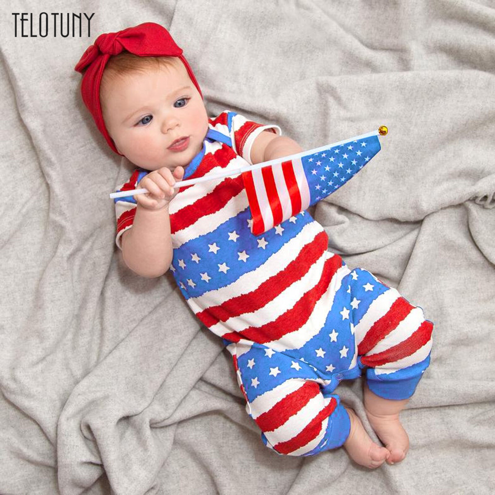 Baby Romper Jumpsuit Korte Mouwen Onafhankelijkheid Dag Ster Streep Baby Baby Jongens Meisjes 4th-of-july Sterren En Gestreepte Gedrukt