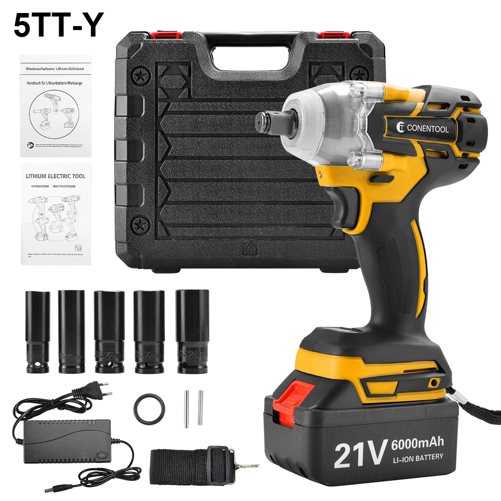 CONENTOOL Brushless Cordless Wrench 21V Power Tool 6000mAh Battery For Makita Rechargeable Battery Impact Wrench LED Light: 5TT-Yellow