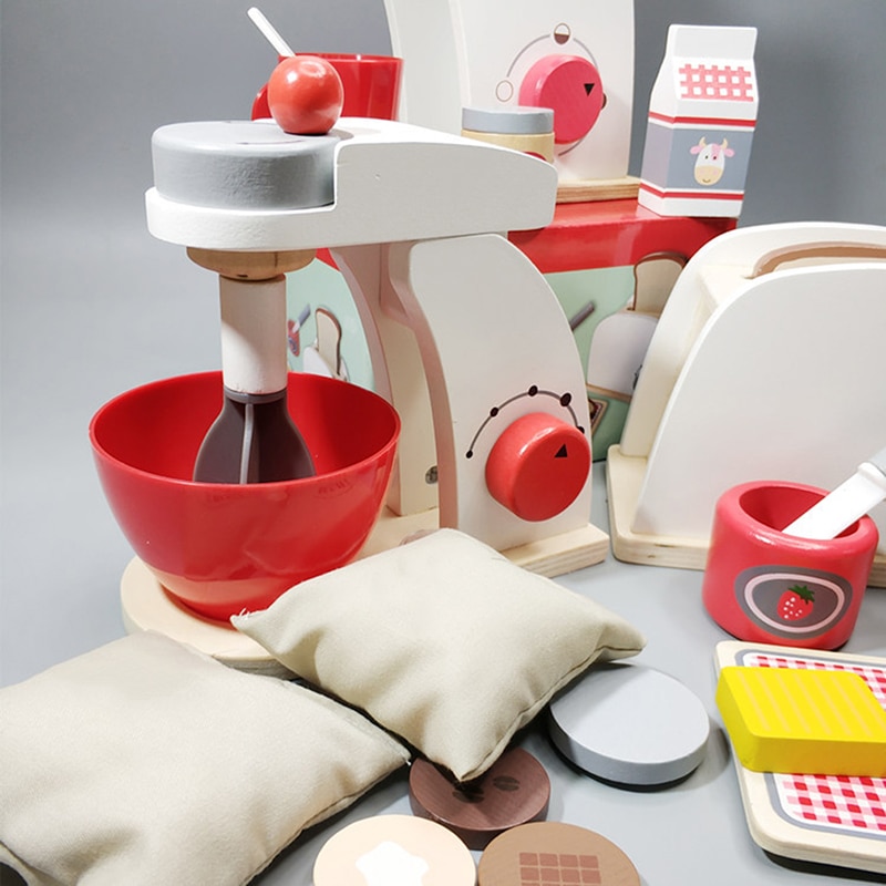 Wooden Pretend Play Sets Simulation Toasters Bread Maker Coffee Machine Blender Baking Kit Game Mixer Kitchen Role Toy Wood