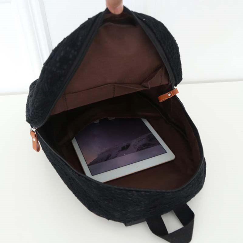 Women Solid Lace Canvas Backpacks Students Girl Backpack Female Casual Large Capacity School Bags Black/White