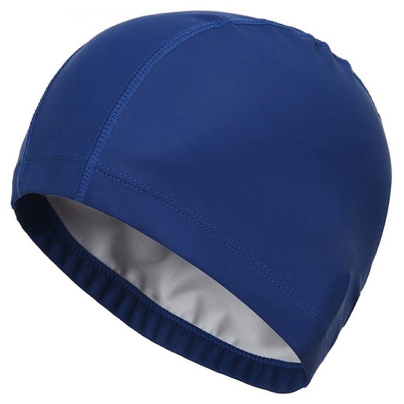 Boné de natação de tecido PU para homens e mulheres, chapéu de piscina impermeável, esporte aquático, protetor de orelhas, tampas de banho para cabelos longos adultos: Azul marinho