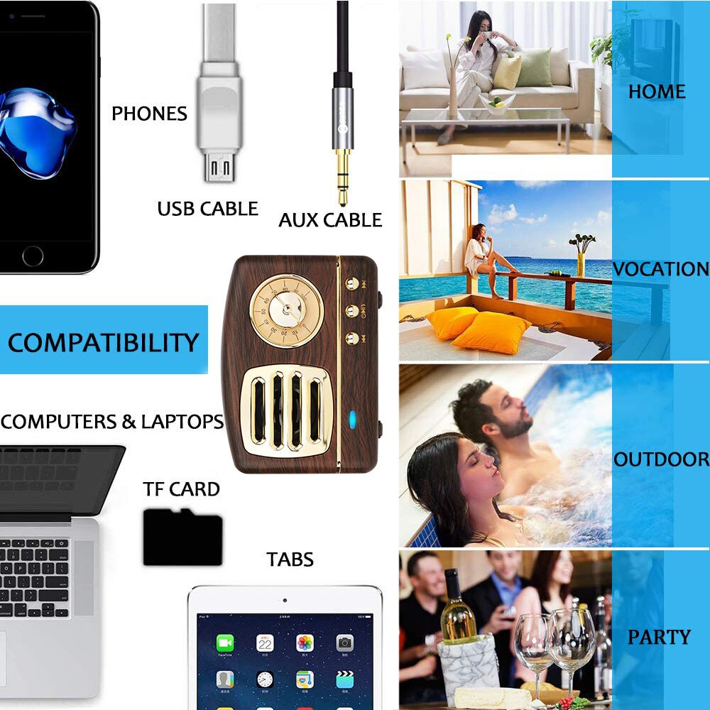 Protable Rechargeable Wireless Stereo Retro Speaker BT Conncetion TF Card USB AUX Input for Travel Kitchen Bedrooms Usage