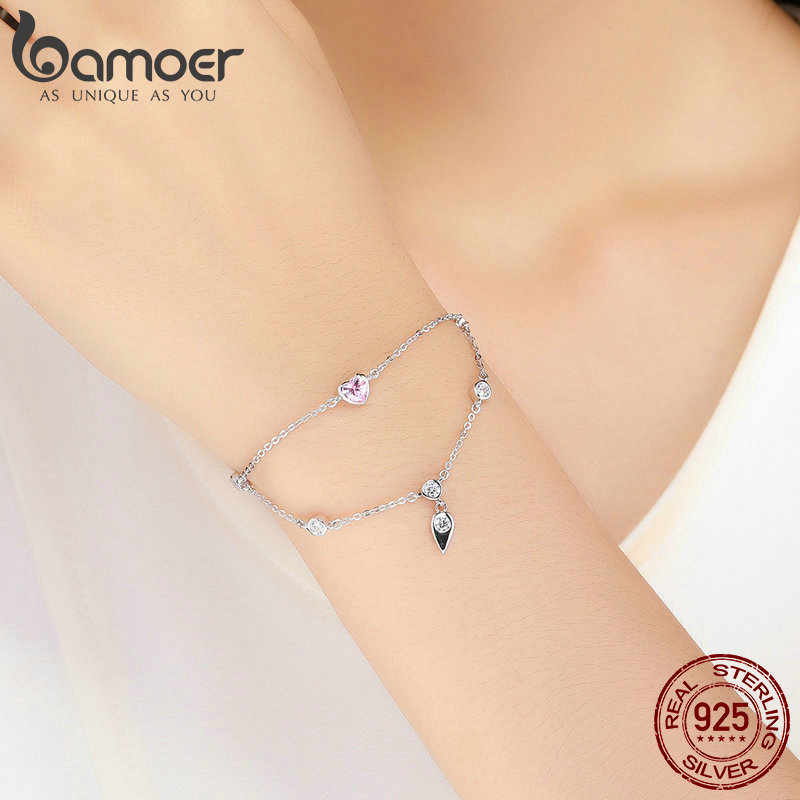 Bamoer romântico novo 925 prata esterlina doce coração rosa cz camadas duplas pulseiras para mulher prata esterlina jóias scb090