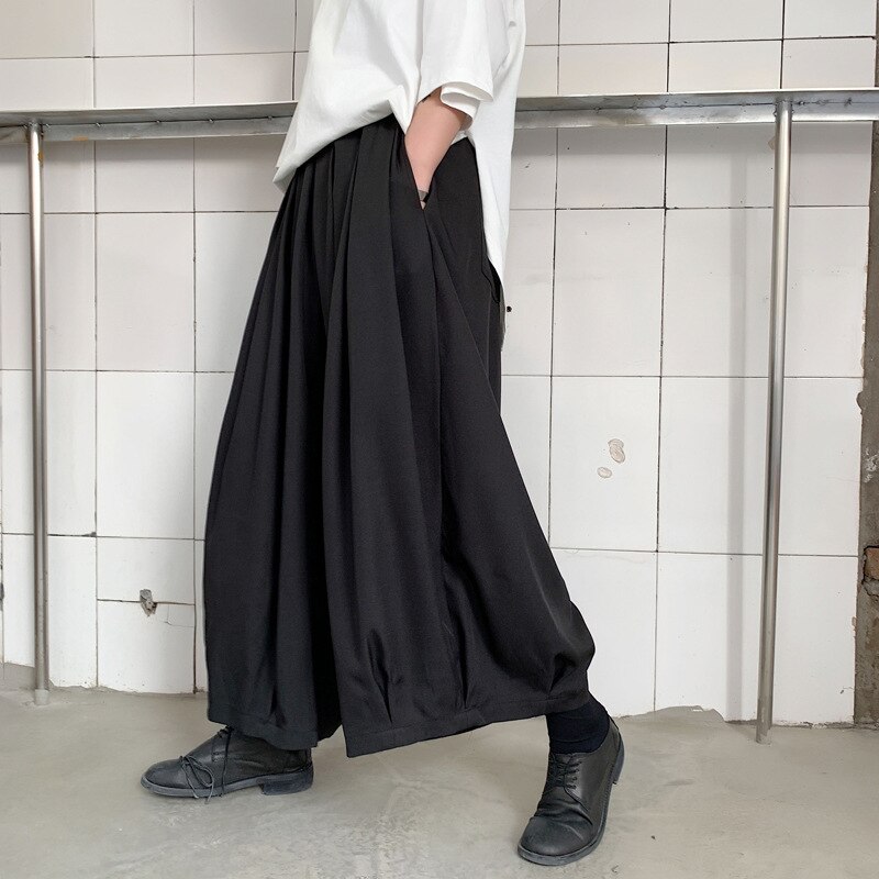 Calças de samurai japonês masculino solto ajuste pantskirt perna larga calças de cintura elástica preto