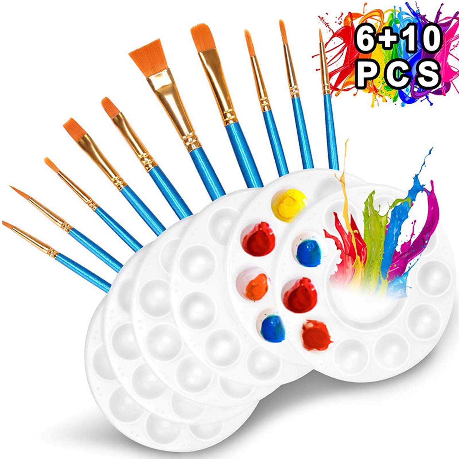 6PCS Paint Tray Palettes 10PCS Brush Paint Palettes for Kids Painting Supplies Artist Watercolor Palette Pigment Tray