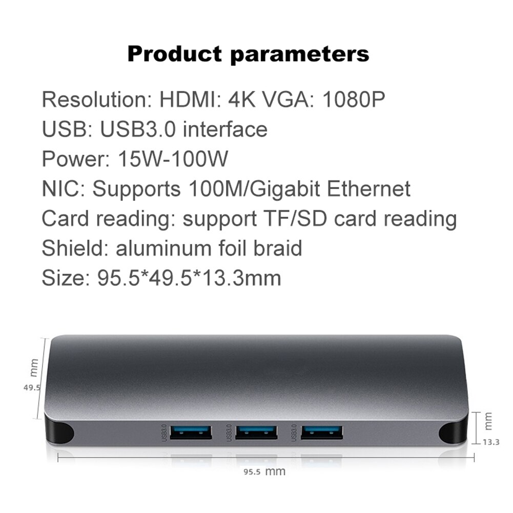 9 In 1 4K Hdmi-Compatibel RJ45 Network Adapter Usb C Hub Usb 3.1 Type C Naar 3 usb 3.0 Poorten 3.5Mm Aux Pd Tf Kaartlezer Voor Pc