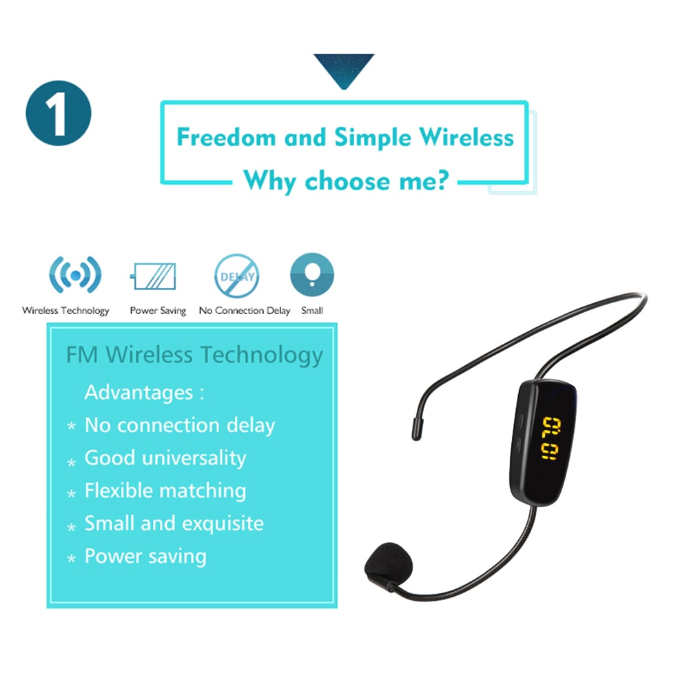 FM Wireless Microphone Power Display Headset Megaphone Radio Microphone Loudspeaker Mic for Teaching Meeting Tour Guide Lecture