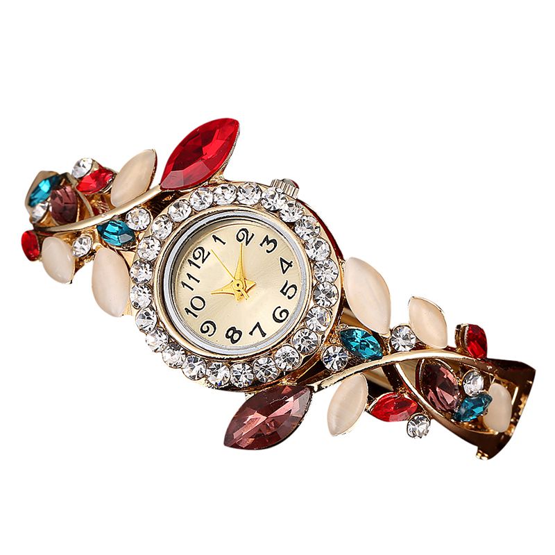 Luksus rhinestone armbåndsur kvinder krystal blad form armbånd ure guld quartz ure: -en