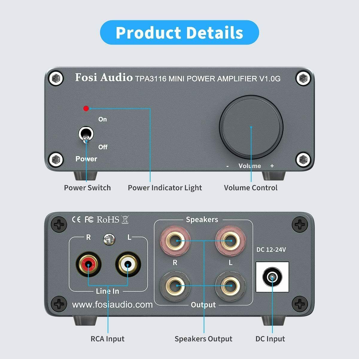 Fosi Audio 2 Channel TPA3116D2 Stereo Audio Class D Amplifier 50W X 2 - V1.0 Power Amplifier For Home Passive Speakers