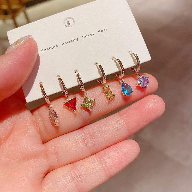 ANENJERY 6pcs Dainty Color Zircon Hoop Earring Set for Women Asymmetric Geometric Shape Earrings Gold Color Jewelry S-E1293