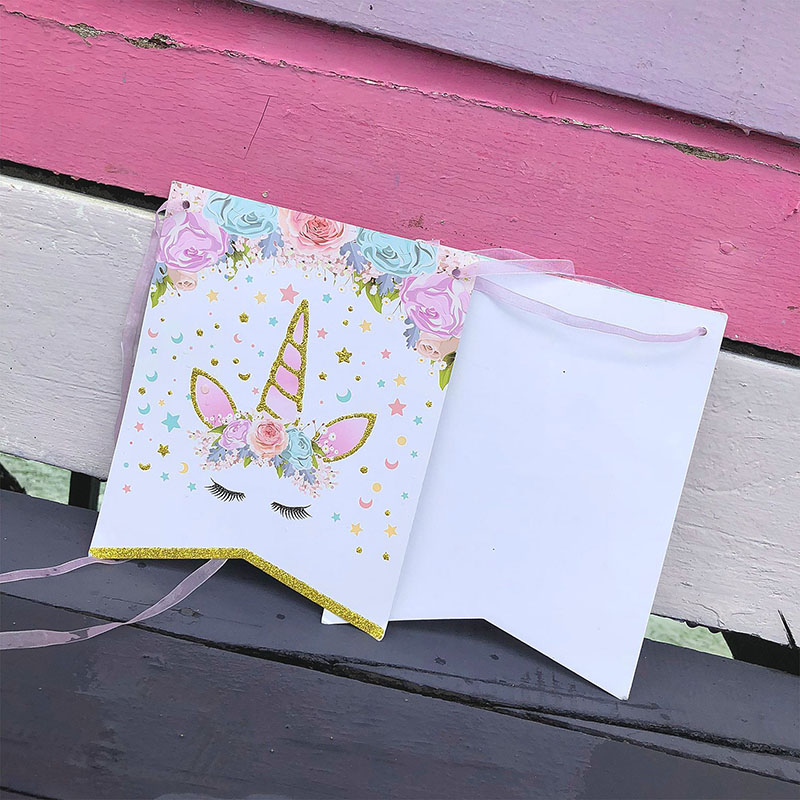 Guirnalda de papel para decoración de fiestas de niños, cartel de unicornio de Gillter rosa, suministros de , 1 Juego