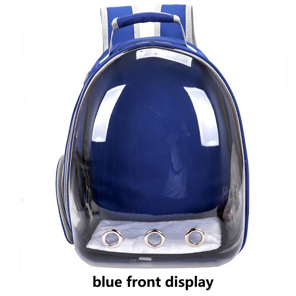 Portable Full Transparent Pet Backpack Three Holes Breathable Dog Cat Outdoor Travel Packbag Zipper Mesh Pet Out Bag: Blue
