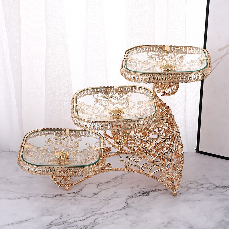 Luxury square fruit bowl tempered glass multilayer fruit bowl Hotel home general fruit bowl decorations: Gold