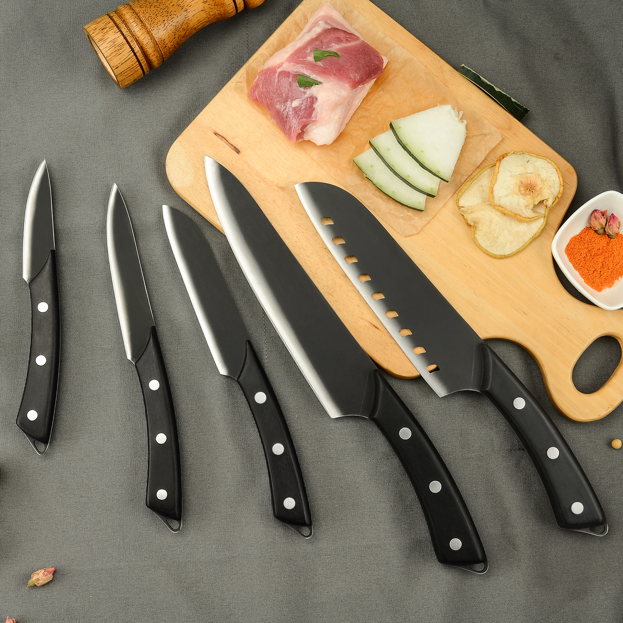 Pro Kitchen Chef Knives Set Stainless Steel Chopping Cleaver Kitchen Bone Shear Scissor Carrying Knife Bag Sharpener System