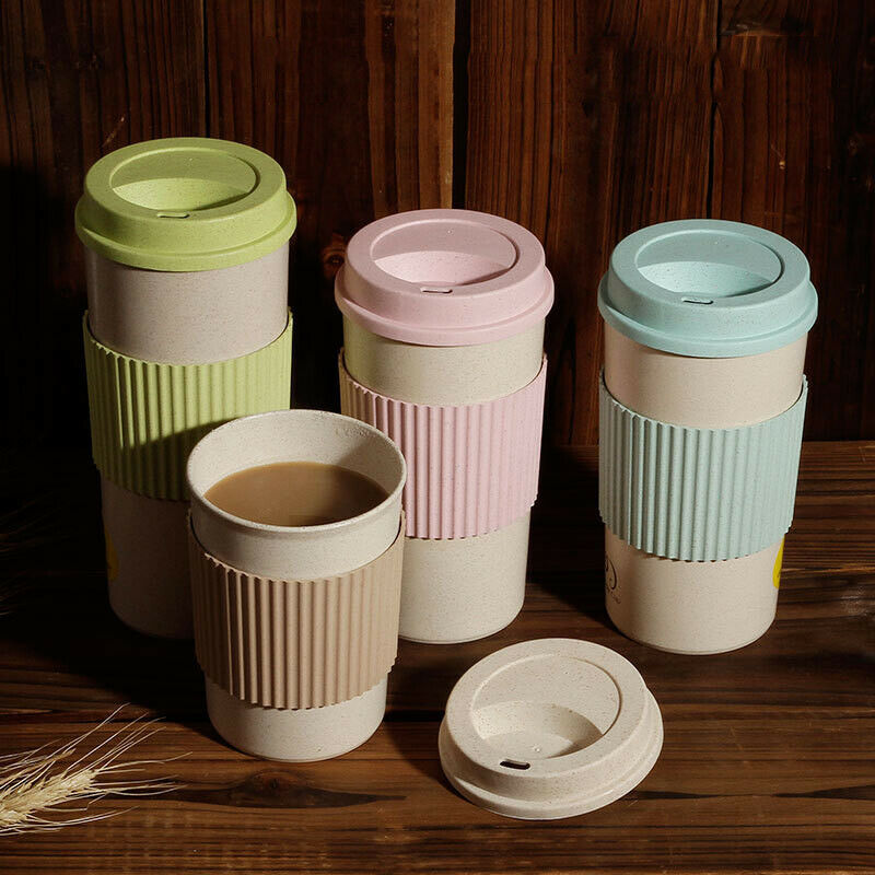 Taza de paja de trigo con tapa para el hogar, botella de agua portátil de viaje, respetuosa con el medio ambiente, 350ml, 450ml, 550ml