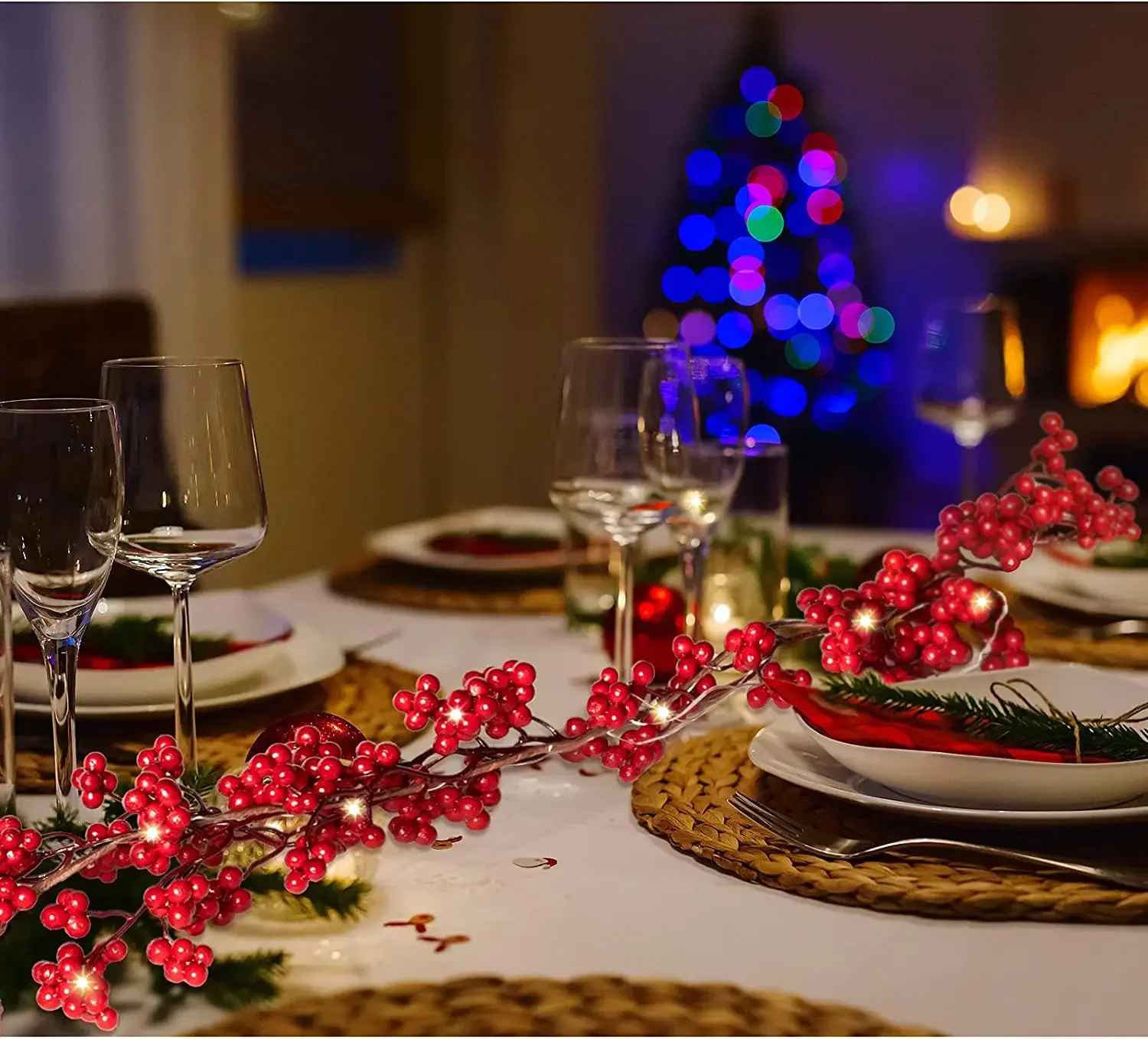 5.9ft/180cm Rode Bessen Kerstslinger Optionele verlichting Goud Zilver Bes Kunstmatige Garland Kerstdecoratie voor Nieuwjaar