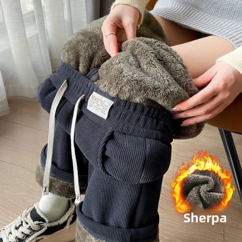 Pantalones de pierna ancha de lana gruesa para mujer, pantalones de algodón de corte recto, pantalones largos cálidos y cómodos a la para otoño e invierno: XL / YELLOW