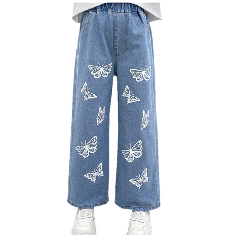 Jean imprimé papillon pour fille, pantalon en Denim à jambes larges, Style décontracté, vêtements pour enfants de 6 8 10 12 13 ans, printemps-automne