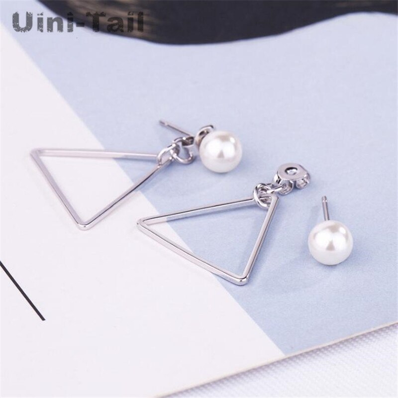 Uini-cauda novo 925 prata esterlina coreano pérola triângulo brincos de dupla utilização brincos geométricos personalidade temperamento gn275