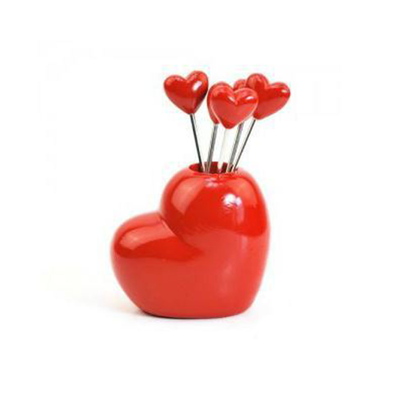 Fourchette à fruits en acier inoxydable | Fourchettes et support de 5 pièces nouveauté cœur rouge, fourchette à fruits en acier inoxydable, cuillère à Dessert, ustensiles de table, outils de cuisine