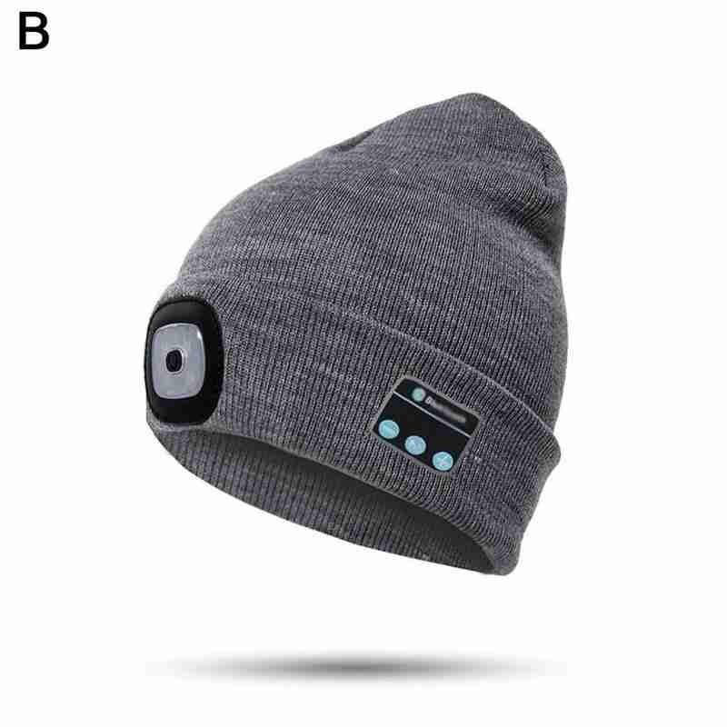 Stickad mössa för vinter med lätt hörlur bluetooth led-ljus självlysande utomhus bergsbestigning handsfree musik hörlursmössa: B