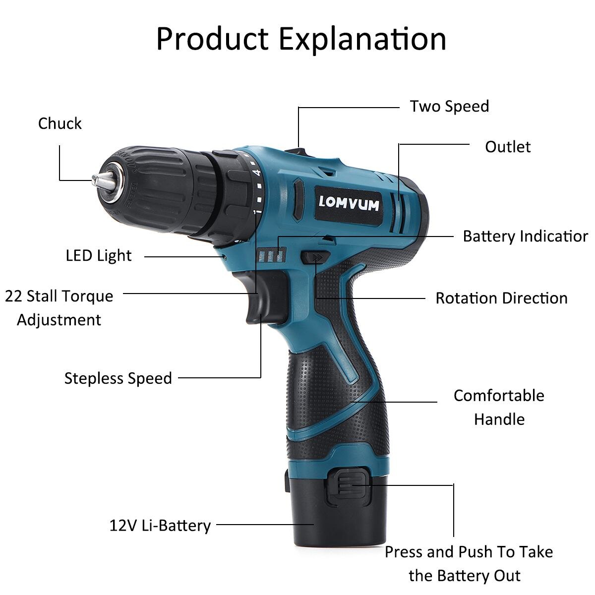 Rechargable Electric Drill Cordless Screwdriver Two-speed Adjustable Cordless Drill Electric Screwdriver Drill With 2 Battery