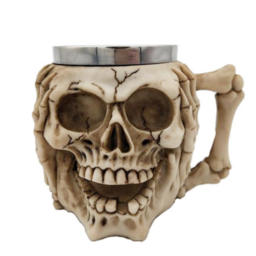 Skull Mug Poker Skull Maltese 3D Tankard 304 Stainless Steel Inner Punk Gothic Beer Mugs Cup Halloween Birthday 400mL: C