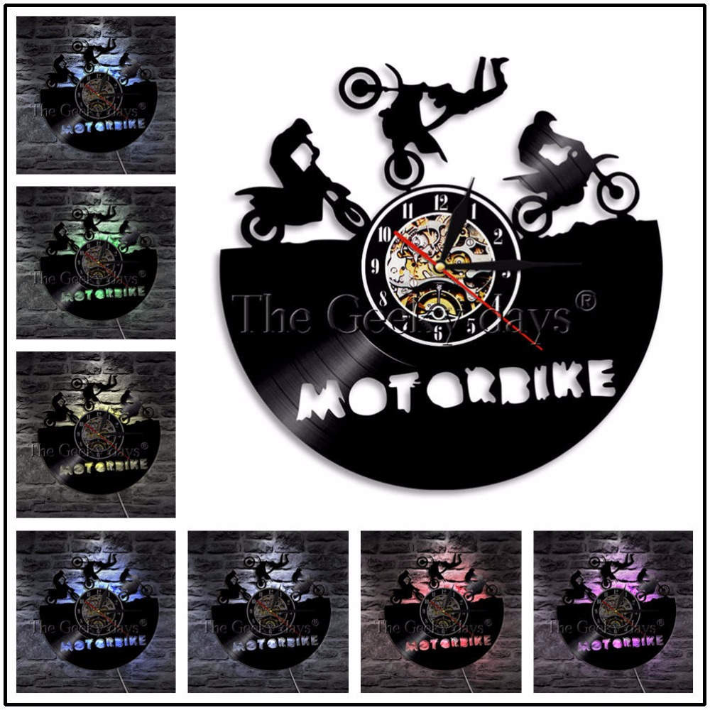 Reloj de pared Cafe Racer clásico de motocicleta Vintage Reloj de pared de vinilo de registro reloj de moto Arte de la pared Decoración motociclista corredor de: Verde / 12 Inch Without LED