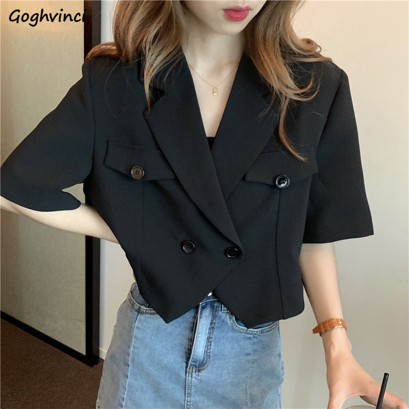 Zomer Korte Mouw Onregelmatige Zwarte Blazers Vrouwen Modieuze Ulzzang Office Lady Double Breasted Crop Tops Losse Uitloper Suits