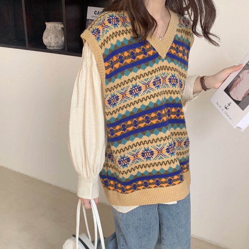 Alien Kitty Vintage Printing Knitting Sweater Vest V-Neck Sleeveless Vest Autumn Ladies All-Match Casual