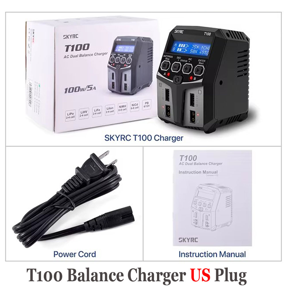 Caricabatterie bilanciato batteria SKYRC T100 AC Lipo Caricatore doppio 5A 2X50W 2-4S per batteria NiMH / NiCd / LiPo / vita / Lilon / LiHV / Pb: giallo