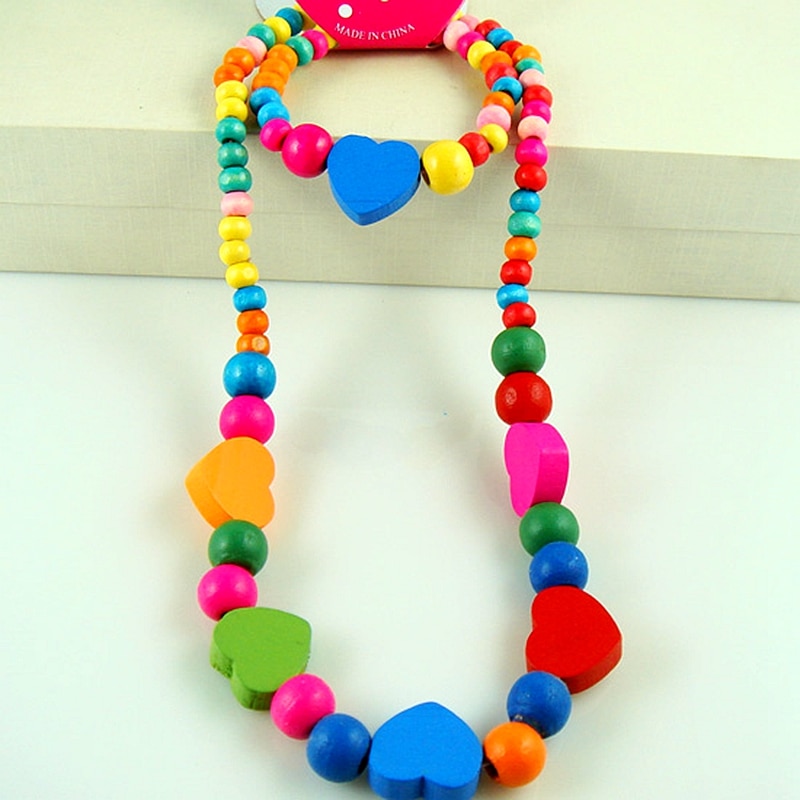 1Set Lovely Girl's Wooden Necklaces Lovely Colorful Heart Shape Beads Necklace&Bracelet Jewellery Set Birthday CS26