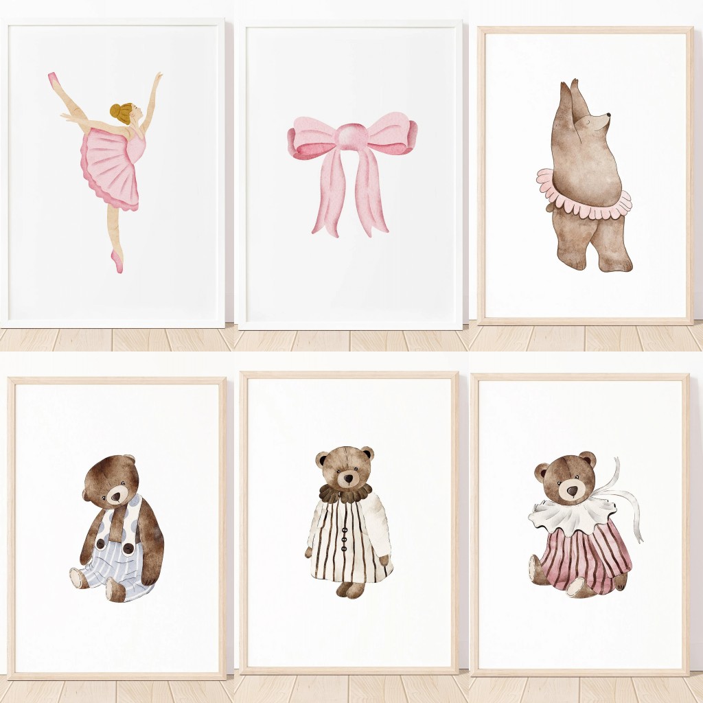 Pintura en lienzo con lazo de oso de bailarina de Ballet rosa, arte de pared minimalista divertido, estampado para guardería bohemio, decoración de habitación de niños