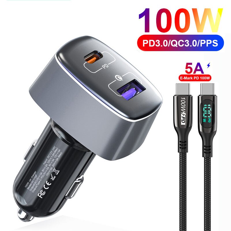 Utbvo 100W 2 Poort Snelle Auto-oplader Met PD100W Power Levering &amp; 22.5W Quick Charge 3.0 Lading telefoon, tabletten, Schakelaar, Laptop: Charger and Cable