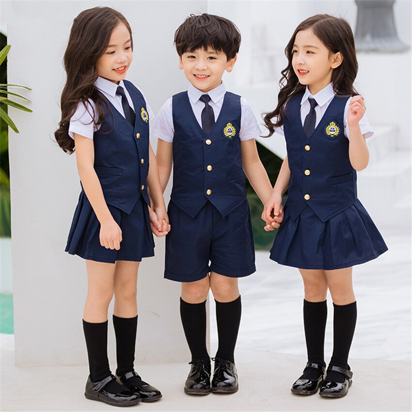 Children Navy Blue Cotton Japanese School Uniform for Girls Boys Pleated Student Korean Style Vest Shirts Pants Skirt Overalls