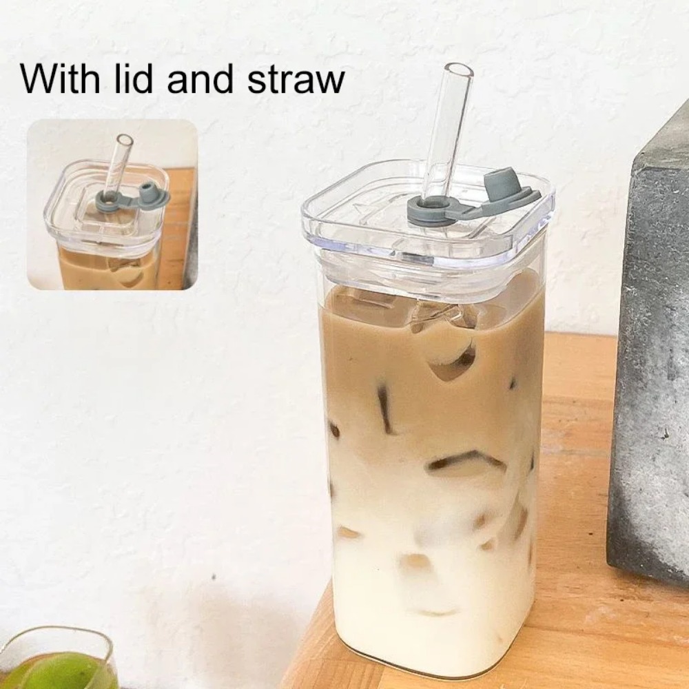 1pc kvadratisk glasmugg med lock och sugrör, transparent dricksglas för iskaffe, mjölk, öl, för kök och matsal