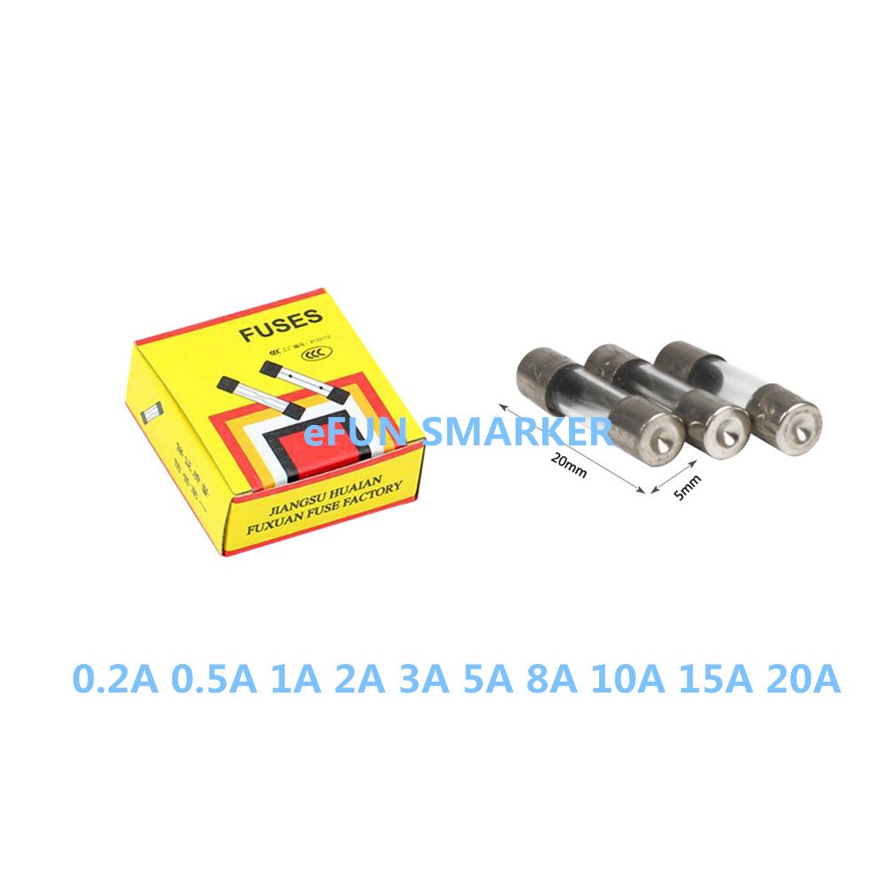100 stk/sett 5*20mm raske glassrørsikringer assorterte sett, hurtigblåsende glasssikringer 0.2a 0.5a 1a 2a 3a 5a 8a 10a 15a 20a