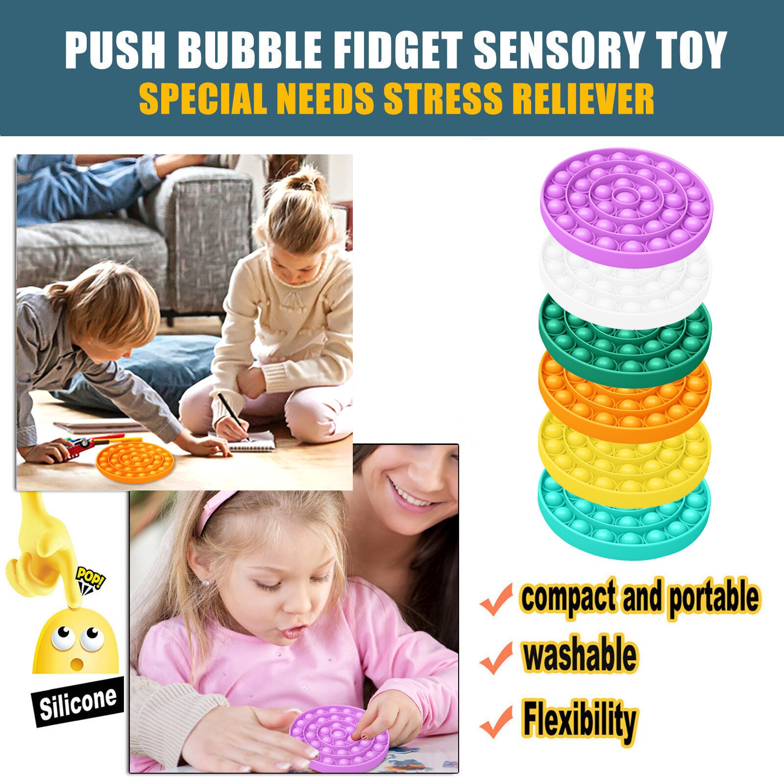 Funny Squeeze Toys Adult Kids Push Bubble Pop It Fidget Toys Autism Stress Reliever Squishy Round Hand Shaped Anti-Stress A