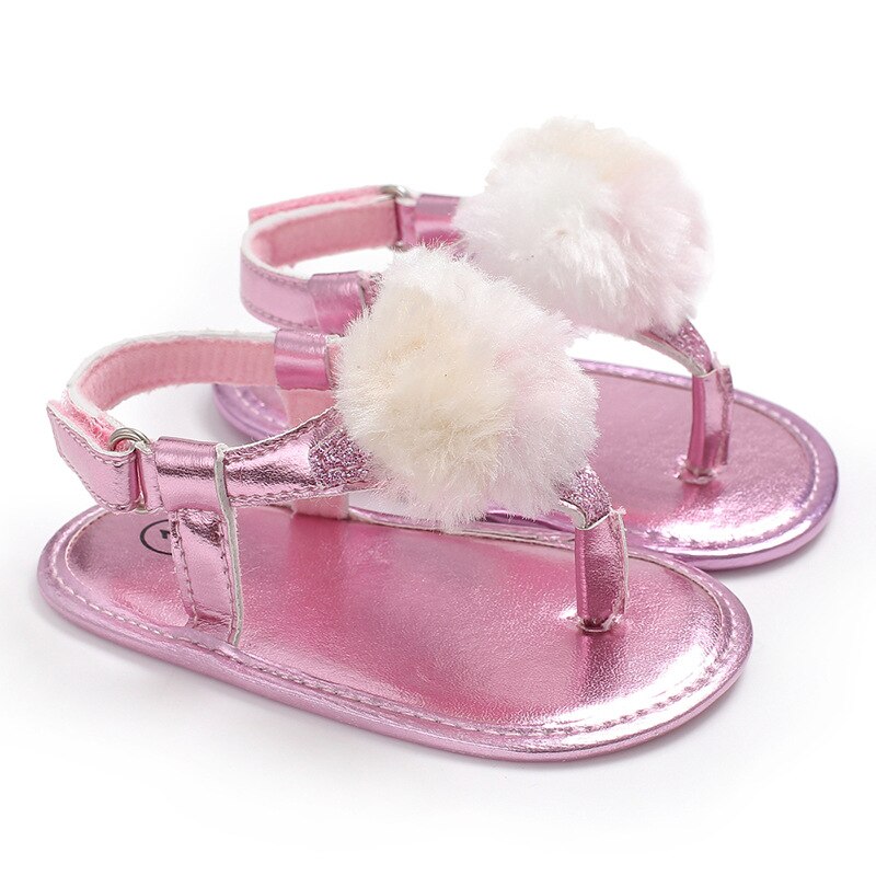 Baby flickor sommar andas rund fluff dekoration skor anti-halk flip flop nyfödd sandaler 0-18m: Pulver / 0-6 månader