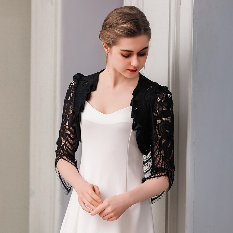 Half Sleeve Bridal Kant Wraps Sjaals Bruiloft Jas Vrouwen Bolero Avondfeest Jurk Capes: Black / 3XL