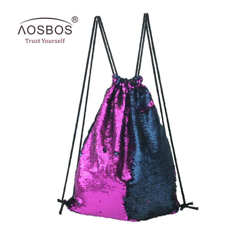 Aosbos Sequin Drawstring Backpack Foldable Sports Gym Bag Outdoor Women Men Training Fitness Bags Drawstring Bag for Shoes: Purple blue