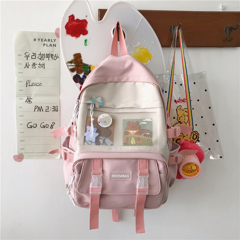 Koreanische Version von Harajuku Einfache Mädchen Student Schul Nylon Multifunktionale Rucksack Outdoor Reise Mochila Escolar: Rosa / Has pendant