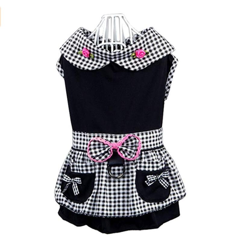 Dog Dresses Black Plaid Dog Clothes Built-in Harness Dress for Dogs Soft Rose Bowknot