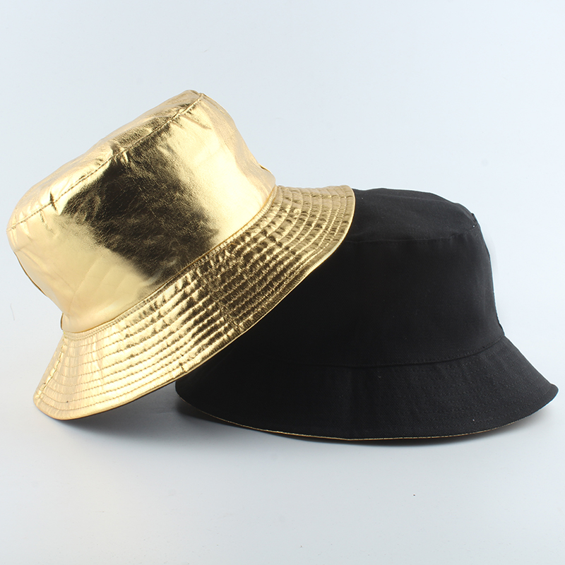 Streetwear læder fiskehat vendbar bøttehat harajuku hip hop kasketter sommer solhatte til kvinder mænd: Guld